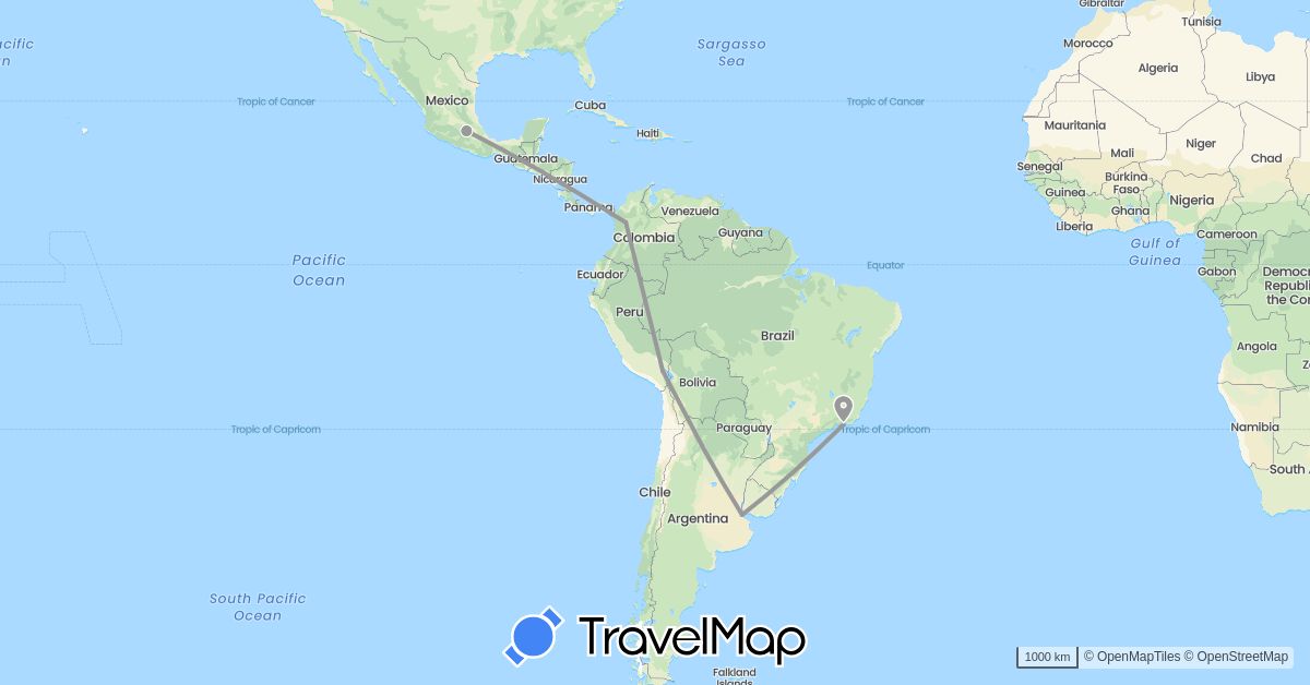 TravelMap itinerary: driving, plane in Argentina, Brazil, Colombia, Mexico, Peru (North America, South America)
